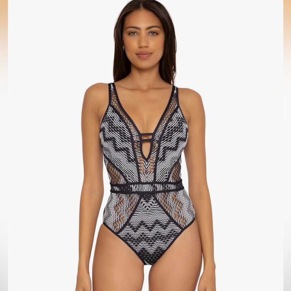 NWT BECCA Black and White Crochet Plunging One Piece Swimsuit Medium